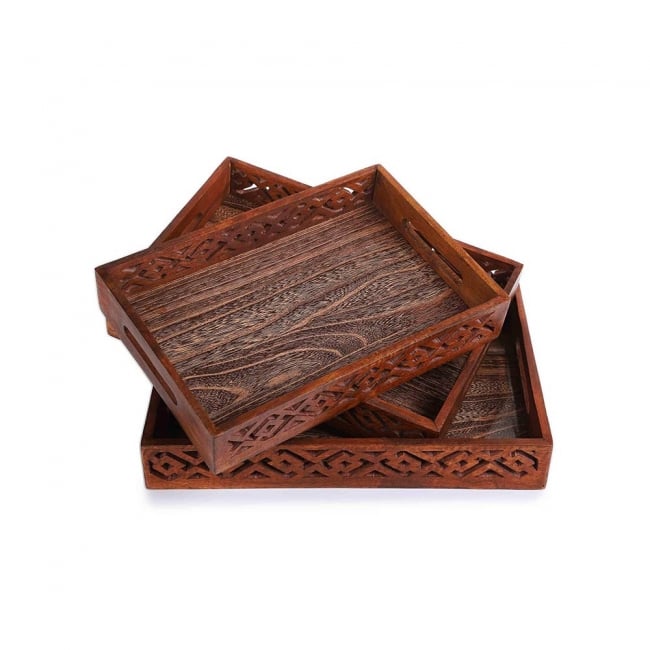 (pack of 3) Wooden Serving Tray Set with handles Wood Serving Trays for Tea Coffee Food Platter Household Kitchen Multipurpose Use