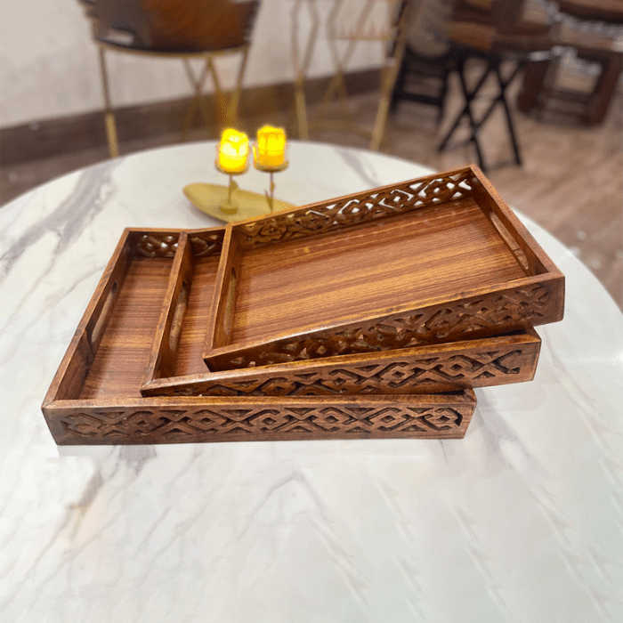 (pack of 3) Wooden Serving Tray Set with handles Wood Serving Trays for Tea Coffee Food Platter Household Kitchen Multipurpose Use