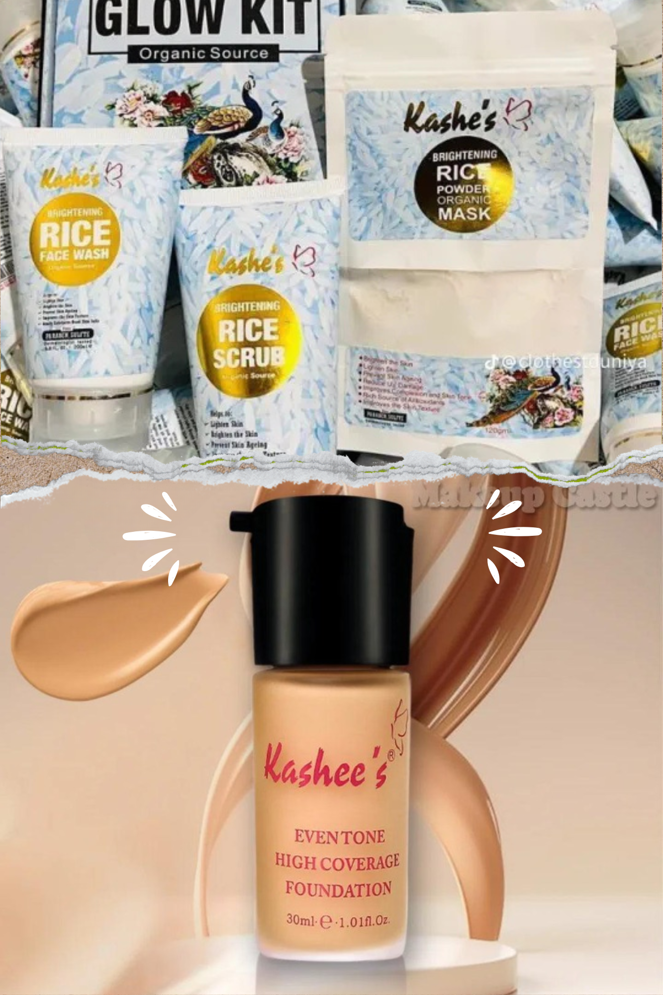 (pack of 4 ) Kashe's Rice Extract Bright ?? Foundation & Glow Kit ( Rice Face Wash Rice Scrub Rice Mask ?? Foundation )