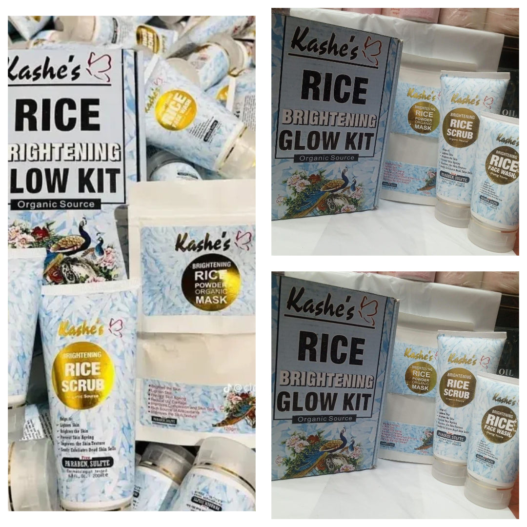 03 Pcs Kasheeâ??s Organic Brightening Rice Skincare Kit â?? Natural Face Care Set with Organic Rice Extract for Radiant, Even-Toned, and Hydrated Skin
