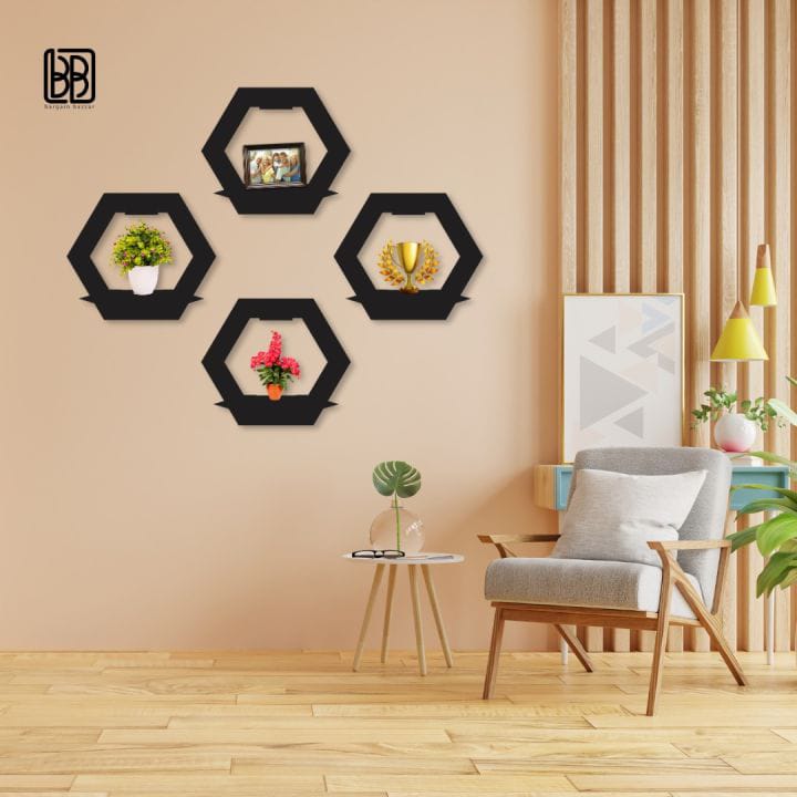 (3 pcs set ) Hexagon Shape 3D Wooden Wall Shelf | Wall Shelves for Home Decor Living Room / for Kids Room and Girls Room and for Gift Items