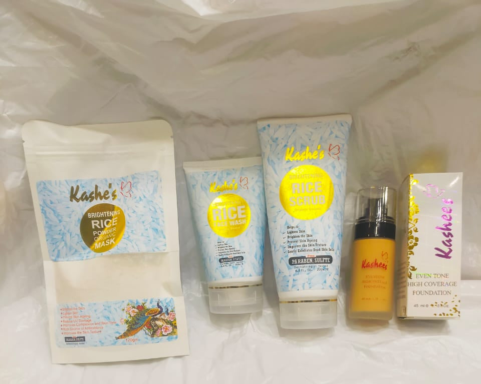 (pack of 4 ) Kashe's Rice Extract Bright ?? Foundation  &amp; Glow Kit ( Rice Face Wash  Rice Scrub  Rice Mask ?? Foundation  )